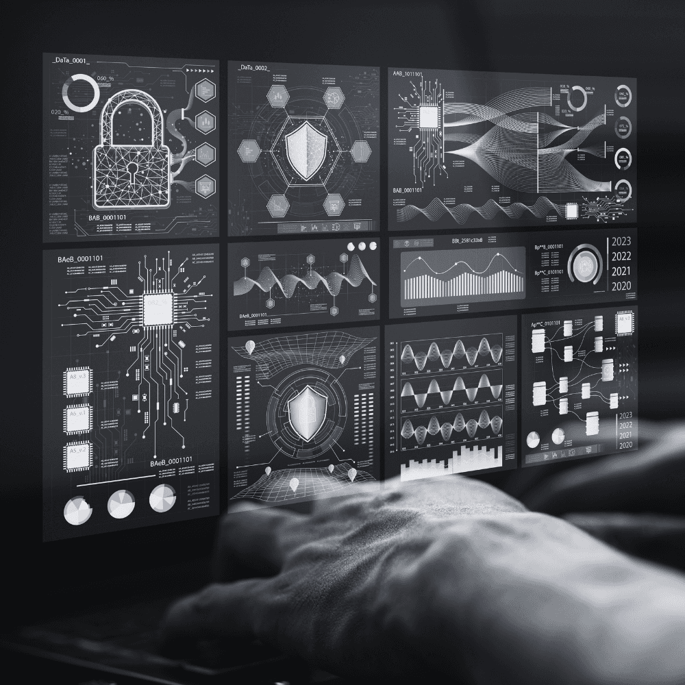 Dark dashboard grid with data panels